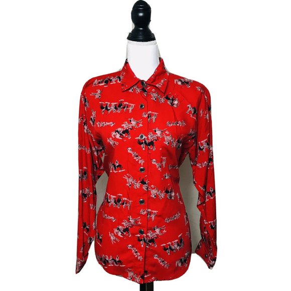 BIRCH BROS Button Down Blouse Black Red Polo Horse - Picture 1 of 13